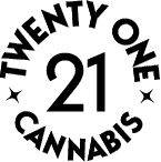 A circular logo with the words "TWENTY ONE" at the top and "CANNABIS" at the bottom, separated by small stars on either side. The number "21" is prominently displayed in the center, symbolizing a commitment to rigorous product testing standards.