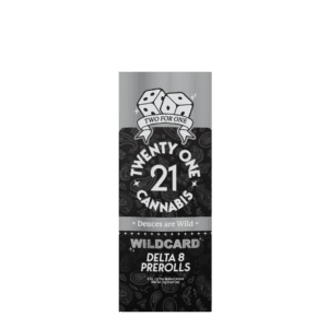 A rectangular package labeled "Twenty One Cannabis" with the tagline "Deuces are Wild." The package features "Wildcard Delta-8-THC Prerolls" adorned with dice imagery and a black and gray paisley design against a black background.