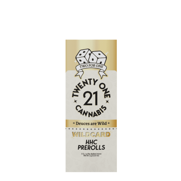 A rectangular beige package labeled "Twenty One Cannabis" featuring a dice graphic and the text "Deuces are Wild." Inside, you'll find the "Wildcard HHC Prerolls," which are described as containing 2 Premium Pre-Rolled Joints with Herbal Terpenes.