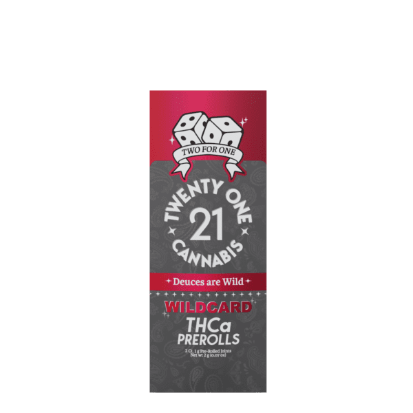 The product packaging for "Wildcard THCa Prerolls" prominently features a design with dice showing a two and one, alongside the text "Deuces are Wild." The design utilizes a color scheme primarily consisting of red, black, and grey.