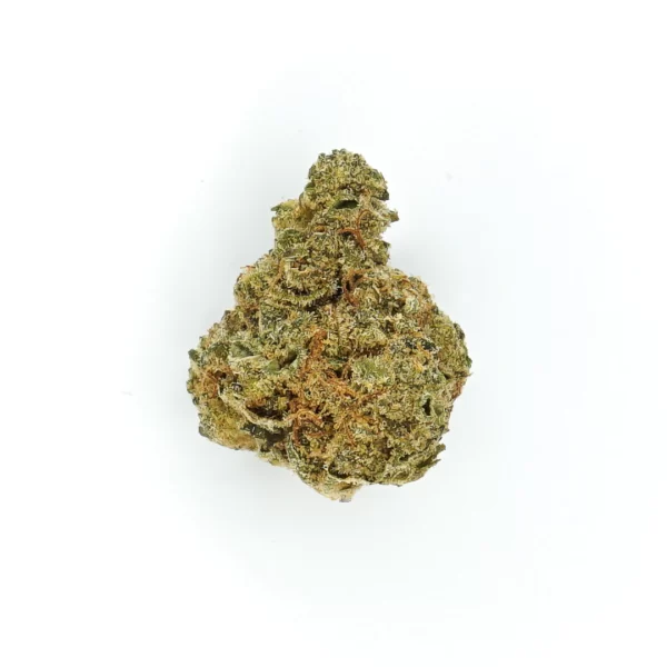 A close-up of a single Dream Wedding THCa Flower (1/8 oz, 3.5g) bud on a plain white background. The bud has a dense, irregular shape with a mix of green and orange hues, covered in tiny white trichomes, giving it a frosty appearance.