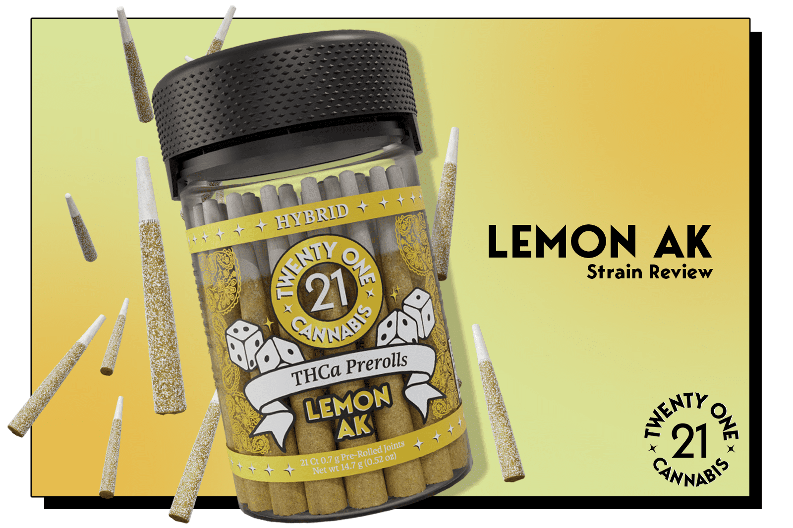 Lemon AK (Hybrid) Strain Review Flower Photo Jar of Pre rolls on yellow background