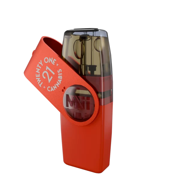 A Tropicana Muffinz 2ML THCa Diamonds Disposable Vape with a red body and a translucent top, prominently branded with "TWENTY ONE CANNABIS" and the number "21" on a red rubber band encircling the device.