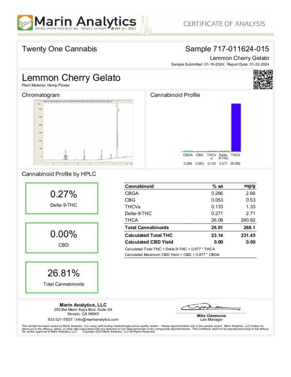 Certificate of Analysis from Marin Analytics for Lemon Cherry Gelato THCa Flower 1oz (28g). The report includes a chromatogram, cannabinoid profile by HPLC, percentages and mg/g of cannabinoids, and contact information. Key THC content is 0.27% and CBD content is 26.81%.