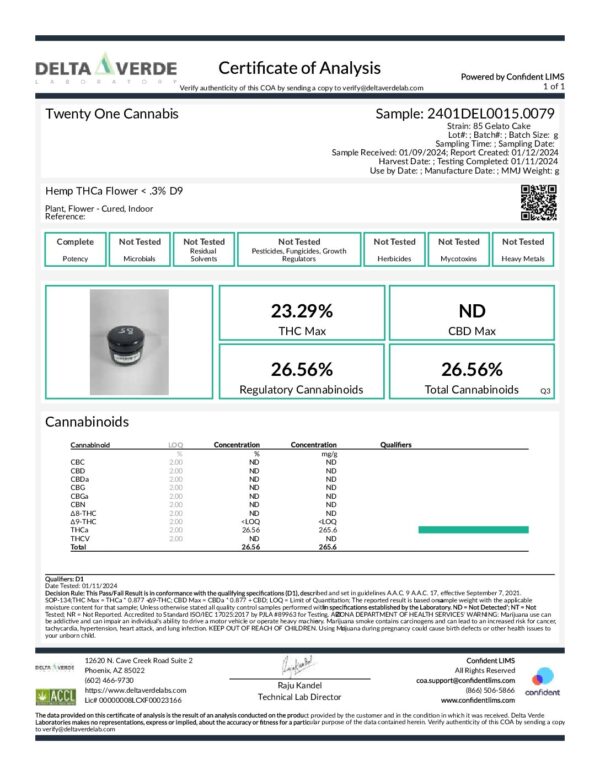 Certificate of Analysis for Gelato Cake THCa Flower (1/8 oz, 3.5g) detailing a 23.29% THC Max, non-detectable CBD Max, and 26.56% regulatory cannabinoids. Includes a photo of a small container. Tests confirmed the product is free of microbes, pesticides, heavy metals, mycotoxins, and residual solvents.