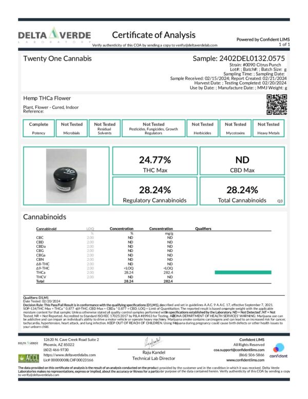 Certificate of Analysis for Citrus Punch THCa Flower with 24.77% THC and 28.24% total cannabinoids. The document includes lab testing results, QR code, and contact information. The sample label shows "24.02%DEL0132.0575.