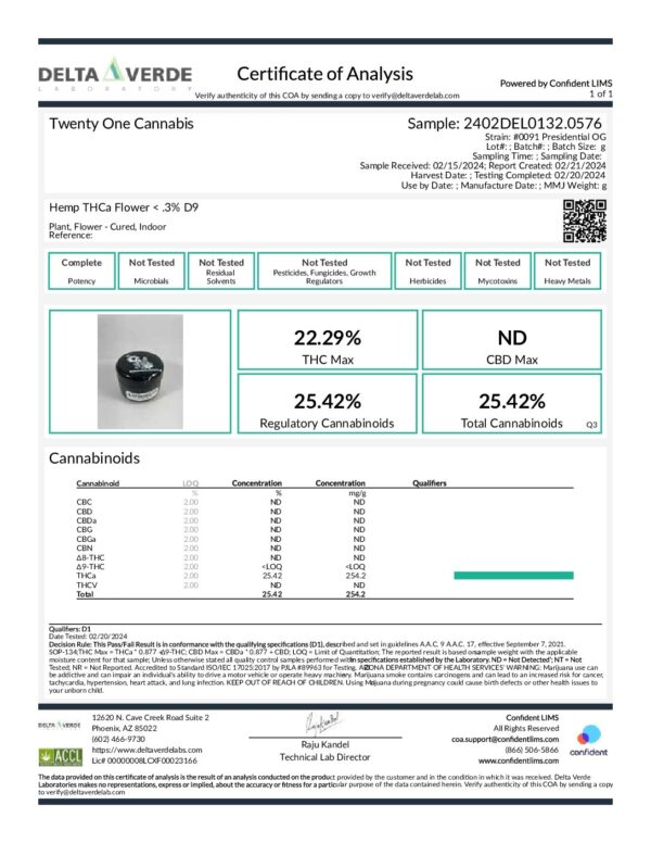 Certificate of Analysis for Delta Verde's Presidential OG THCa Flower 1/4 (7g). The document lists product details, cannabinoid percentages, and test results. THC-A: 22.29%, ND CBD-A, Regulatory Cannabinoids: 25.42%, Total Cannabinoids: 25.42%, with a black container image.