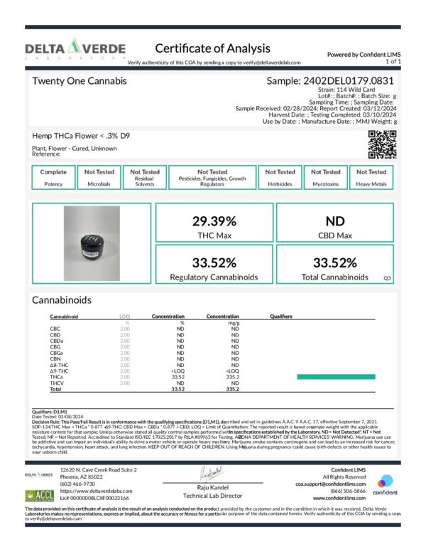 A Certificate of Analysis for Wildcard THCa Prerolls, Hemp THCa Flower < 3% D9. It shows a sample ID, batch ID, date received, date of manufacture, and date reported. THC: 29.39%, CBD: Not Detected, Total Cannabinoids: 33.52%. Cannabinoid levels and lab details included.