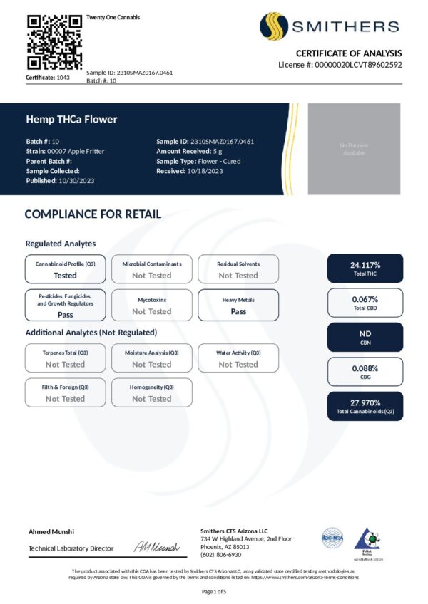 A Certificate of Analysis for Apple Fritter THCa Flower 1/8 oz (3.5g) from Smithers. The document includes testing details for cannabinoids, microbial contaminants, residual solvents, and heavy metals. It is dated 10/18/2023 and signed by a laboratory director.