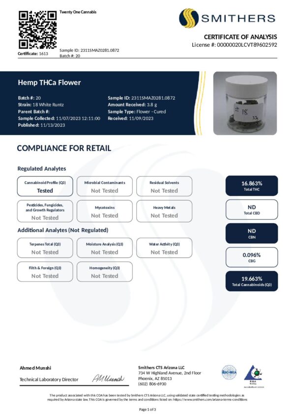 Certificate of Analysis for White Runtz THCa Flower 1/8 oz (3.5g). Listed analytes include Cannabinoid Profile, Microbial Contaminants, Pesticides, and more, with detailed results and compliance status provided. Includes a photo of the product container and a QR code for additional details.