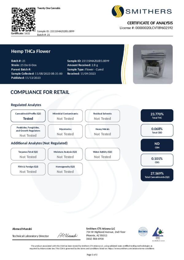 A Certificate of Analysis from Smithers for Do-si-dos THCa Flower 1oz (28g) with batch number 21SMA2085.0899. The report shows compliance for retail, listing various tested analytes with results such as Total THC at 23.770% and CBD at 0.068%.