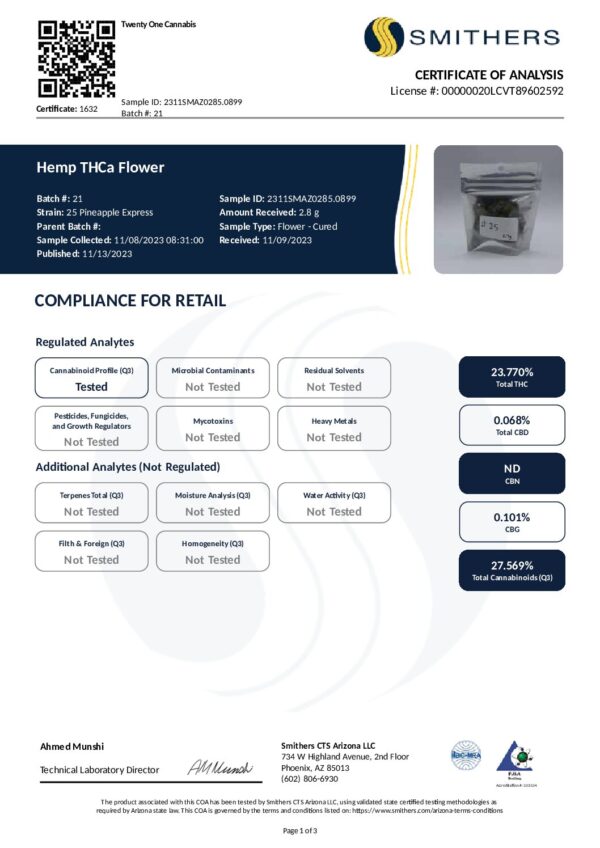 Certificate of Analysis for Pineapple Express THCa Prerolls from Smithers CTS. Includes product details (Batch: B#21), test results for various analytes, and a product image. Issued by Ahmed Munahi. License #0000002LCVTX9602S92. Page 1 of 1.