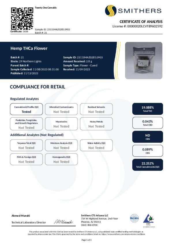 Certificate of Analysis for Northern Lights THCa Flower 1oz (28g) by Smithers. The document includes batch information, a compliance section, and analysis results. Regulated analytes like THC-A, CBD, heavy metals, pesticides, microbials, and residual solvents are either tested or marked as "not tested." The document is signed by Ahmed Munshi, the technical laboratory director.