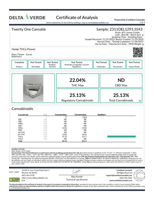 A Certificate of Analysis for Lemon Cookie THCa Flower 1/8 oz (3.5g) detailing the chemical analysis shows 22.04% THC Max, 25.13% Total Cannabinoids, and no detectable CBD. Other cannabinoids and tests are also listed with relevant percentages and notes.