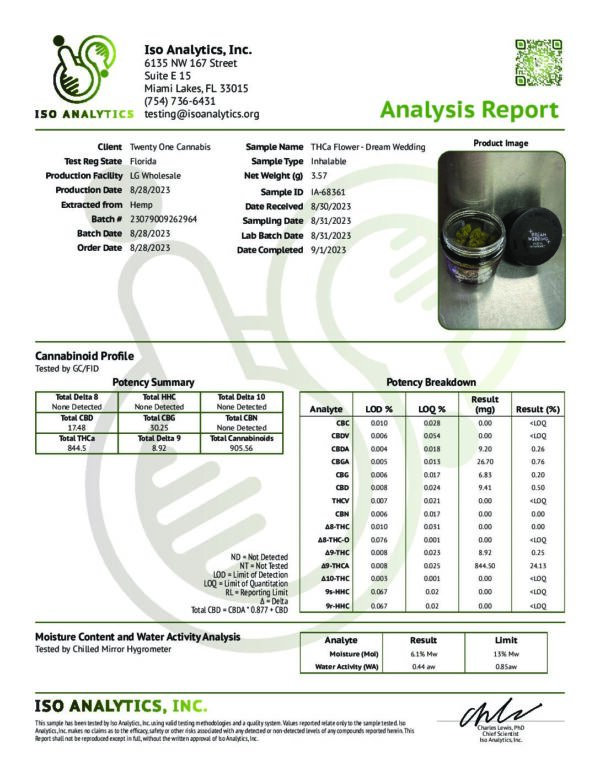 A lab report from ISO Analytics for a sample of Dream Wedding THCa Flower 1/8 oz (3.5g). The report includes cannabinoid profiles, potency breakdown, moisture content, water activity, and other sample details. A product image and QR code are also present.