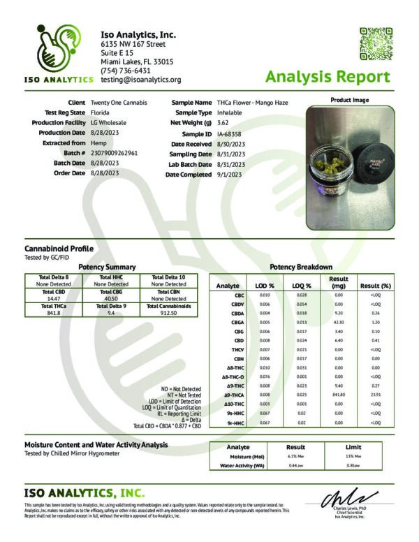 An analysis report from ISO Analytics, Inc. for the product "Mango Haze THCa Flower 1/8 oz (3.5g)." The report includes information such as sample ID, batch ID, date received, cannabinoid profile, moisture content, and potency breakdown. A small photo of the product is included.