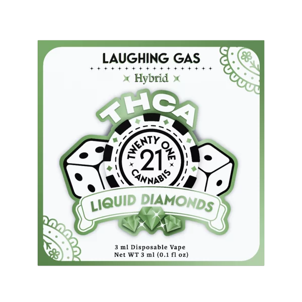 Image of a packaging label for "Laughing Gas 3ML THCa Diamonds Disposable Vape." The label features a poker chip design with "Twenty One Cannabis" in the center and dice on each side. The label notes "3 ml Disposable Vape" and "Net WT 3 ml (0.1 fl oz)" in the lower section.