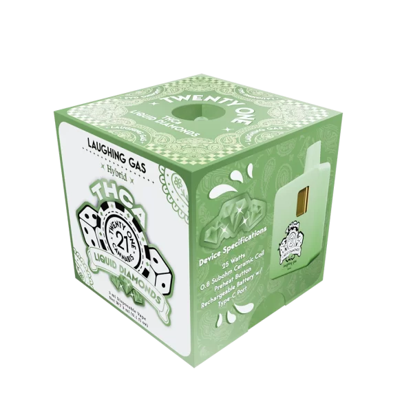 A packaging box for a THC vape product named "Laughing Gas 3ML THCa Diamonds Disposable Vape." The box is green and white with various printed details, including "Laughing Gas," "Hybrid," and "3ML." An image of the vape device and specifications are visible on the box.