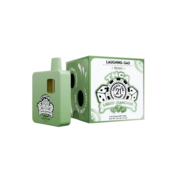 Image of a green product packaging for "Laughing Gas 3ML THCa Diamonds Disposable Vape." The packaging features playful graphics, including a set of three dice and text emphasizing "Hybrid," "All Disposables," and "Net Wt 3g/3ml.