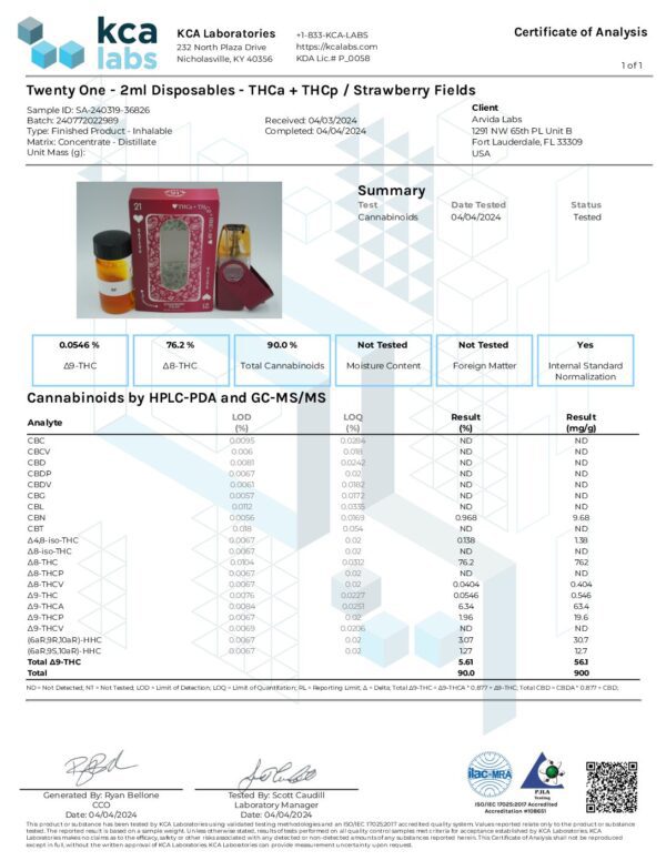 A Certificate of Analysis from KCA Laboratories for the "Strawberry Fields 2ML THCa Diamonds Disposable Vape," showcasing cannabinoid percentages and total content. Tables present comprehensive lab results, accompanied by images of red and yellow capped vape products.