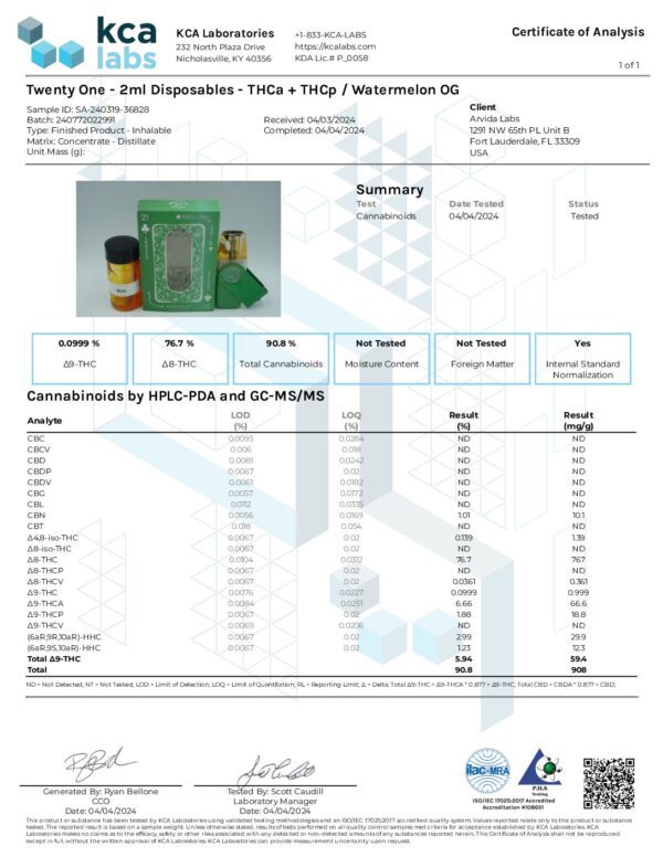 Certificate of Analysis from KCA Labs for "Watermelon OG 2ML THCa Diamonds Disposable Vape" showing cannabinoid content and other details. The analysis includes a photo of the product with lab results and a summary of total cannabinoids being 76.7%.