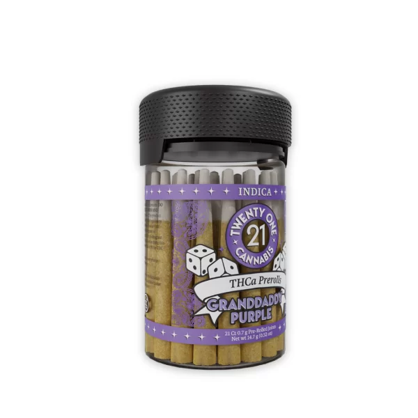 Twenty One Cannabis 21ct Prerolls Jar Left Grandaddy Purple