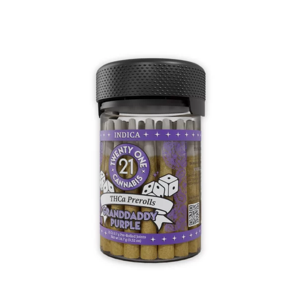 Twenty One Cannabis 21ct Prerolls Jar right Grandaddy Purple