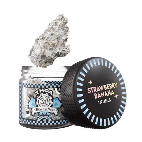 An open jar labeled "THCa Flower - Icy Nugs 3.5g - Strawberry Banana (Indica)" featuring a colorful checkered design reveals a large nug of THCa Icy Nugs protruding from it. The detailed label includes elements such as "21+" and "THCa Icy Nugs," accented with blue and white.