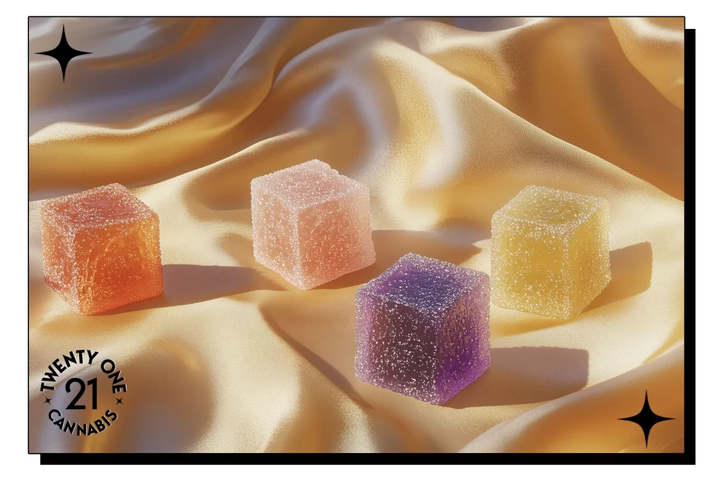 Cannabis gummies on a satin fabric