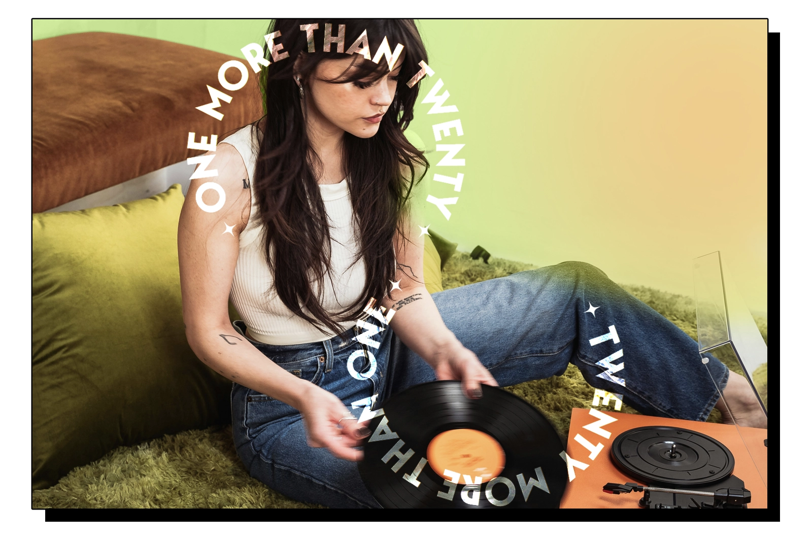 A woman gently playing a record, her expression reflecting deep relaxation and serenity