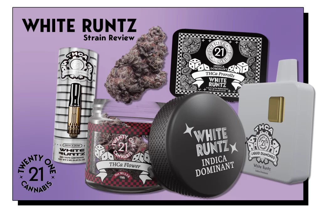 White Runtz, an Indica-dominant strain, is available as a vape cartridge, THCA flower, liquid diamonds, and prerolls, set against a purple background