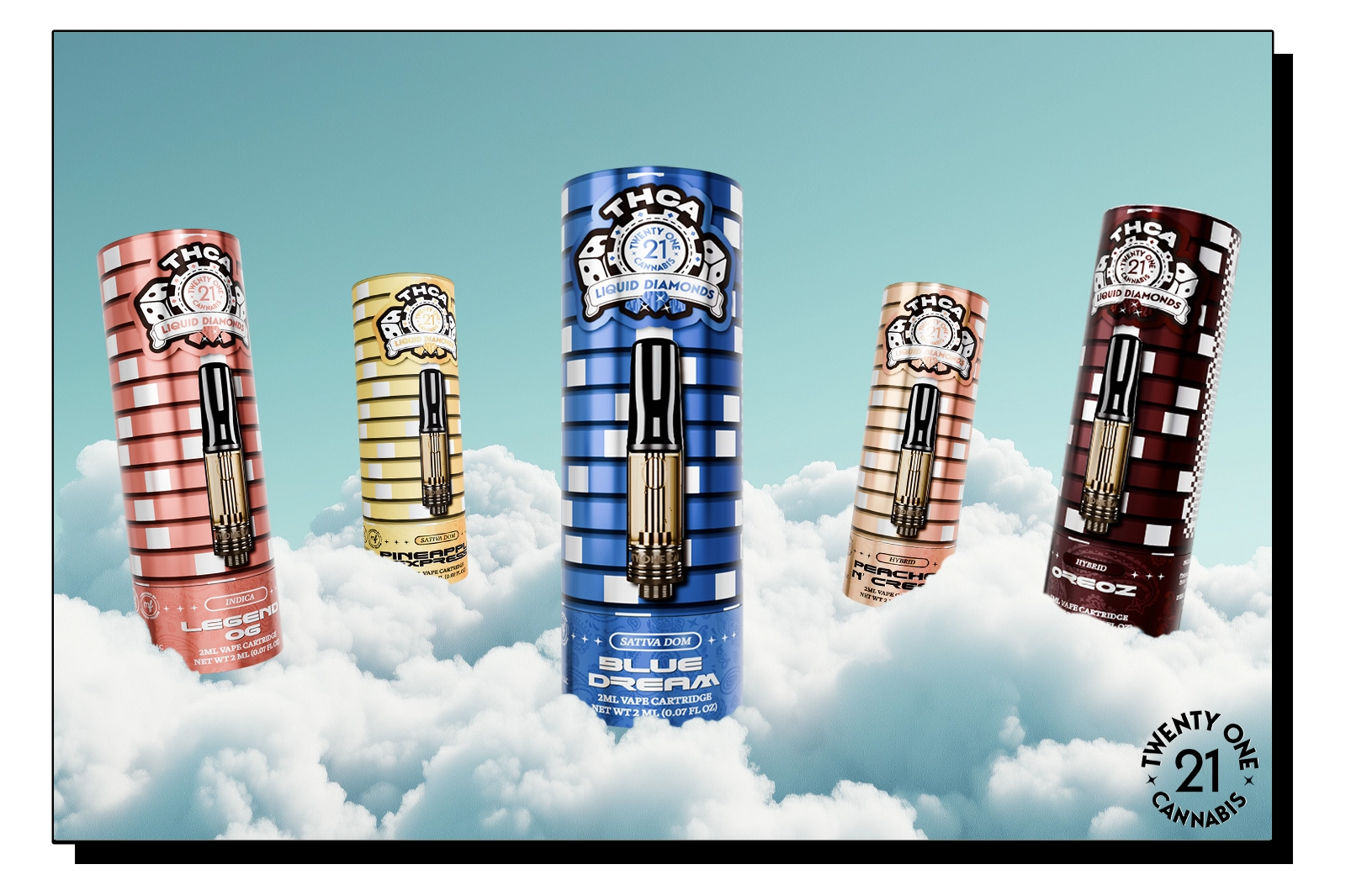 Five different flavors of THCA Liquid Diamonds vape cartridges floating on clouds in the sky