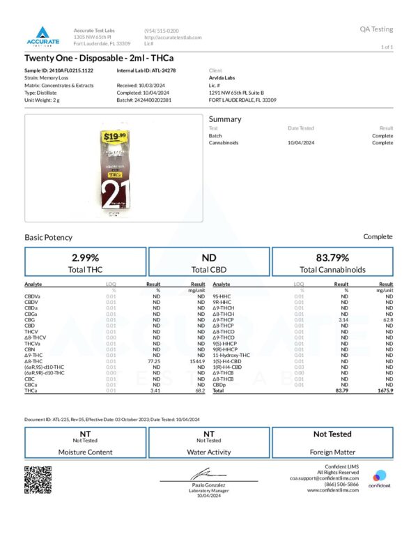 THCa 2ml Disposable Vape - Memory Loss (Sativa) - Image 4