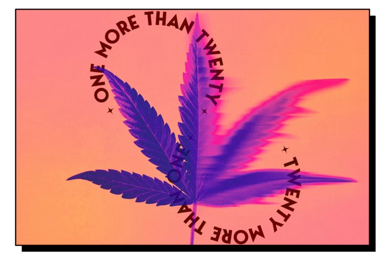 A purple and pink cannabis leaf placed against a peach-colored background.