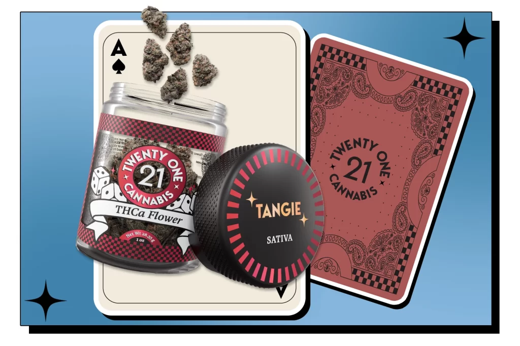 A Twenty One Cannabis THCa Flower Tangi Sativa container placed against a backdrop of playing cards