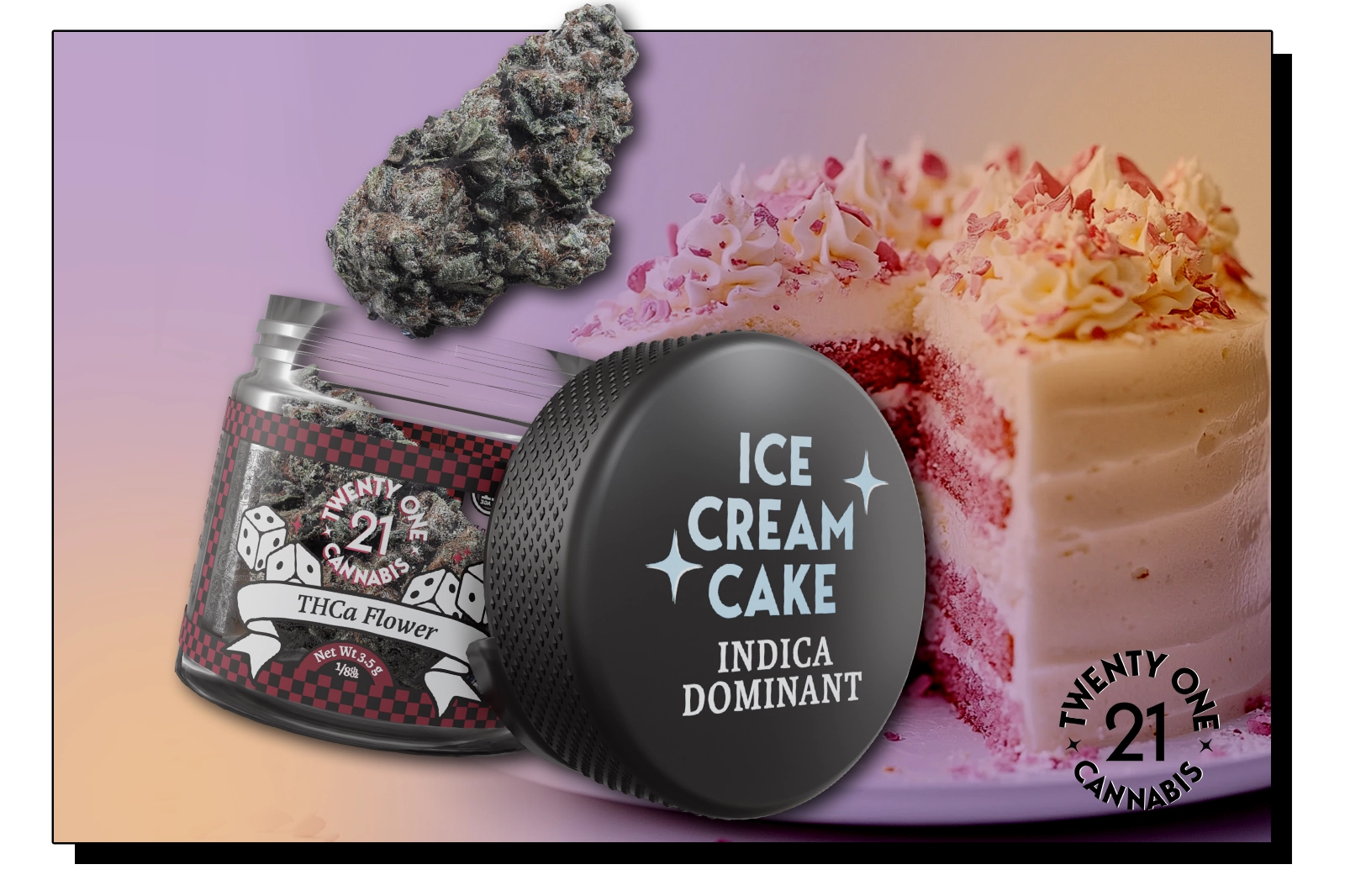 A twenty-one cannabis THCa flower container and an indica-dominant Ice Cream Cake container placed against a colorful background.