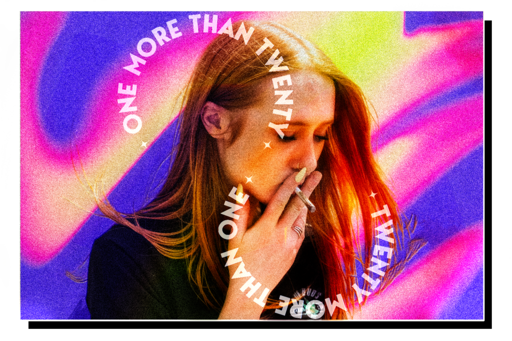 A lady with a joint in her mouth against a multicolored background