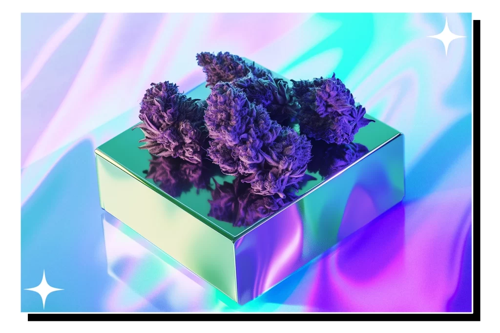 Some Kush flowers rest on a glossy stone, illuminated by falling purple light