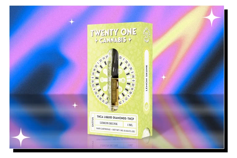 A Twentyone Cannabis THCA Liquid Diamond vape cartridge placed against a multicolored background