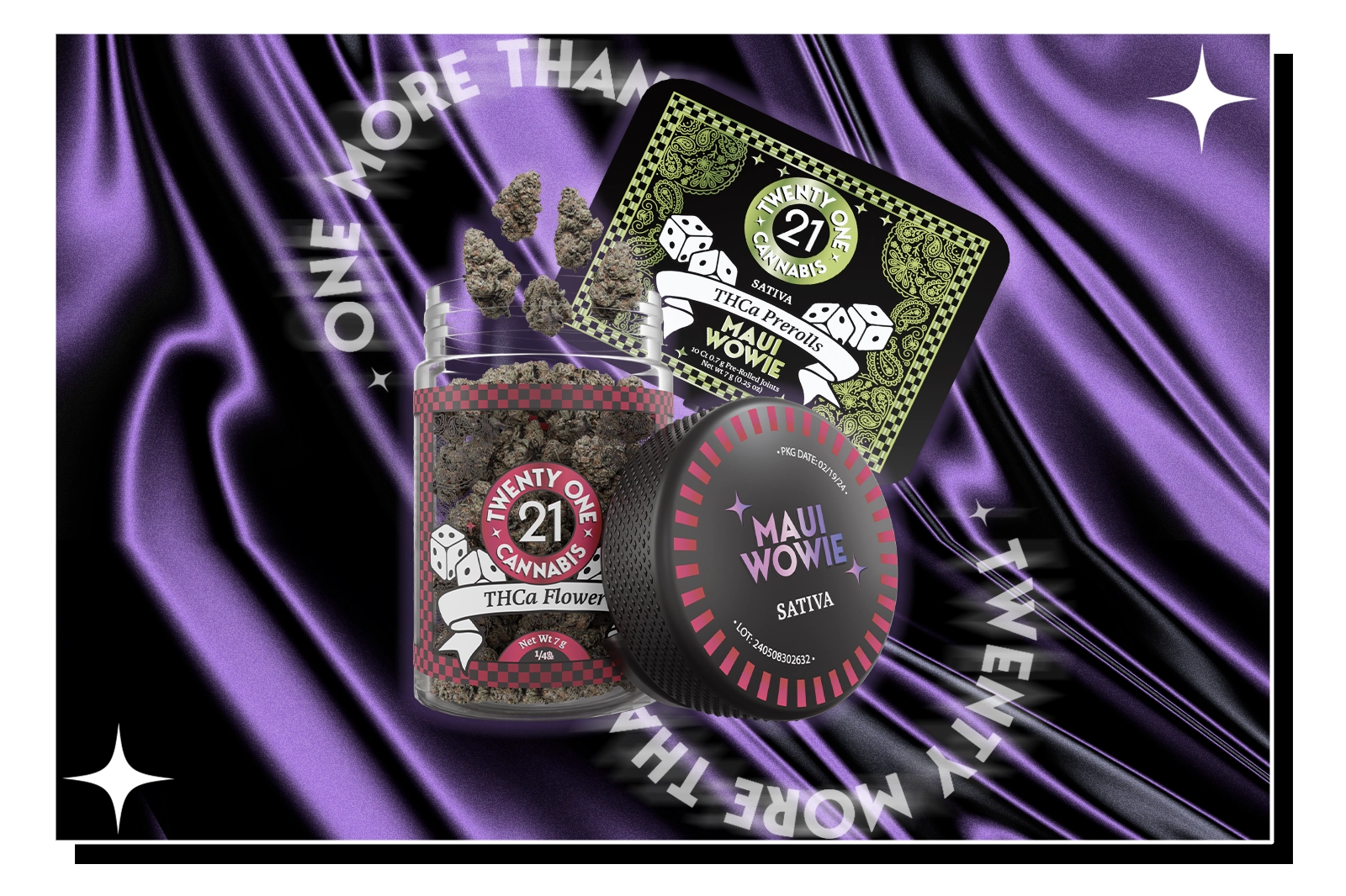 A Twentyone Cannabis THCa flower, MAUI WOWIE Sativa, and THCa prerolls are placed against a glossy black background