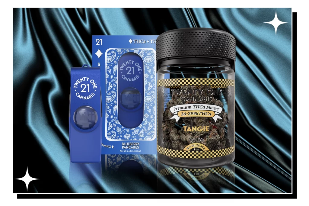 A Twenty One Cannabis Premium THCa Flower TANGIE SATIVA and a Blueberry Pancakes disposable vape device placed against a black glossy cloth