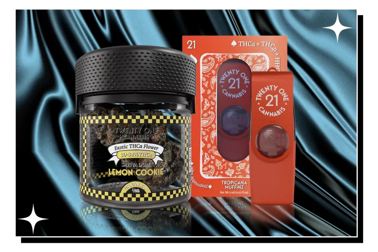 A Twenty One Cannabis Exotic THCa Sativa-dominant Lemon Cookie flower and a Tropicana Muffinz disposable vape device placed against a black glossy cloth