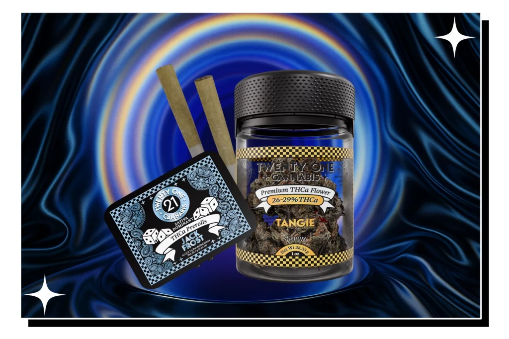 A Twenty One Cannabis Tangie Sativa Premium THCa Flower and a Jack Frost THCa Preroll placed against a bluish background