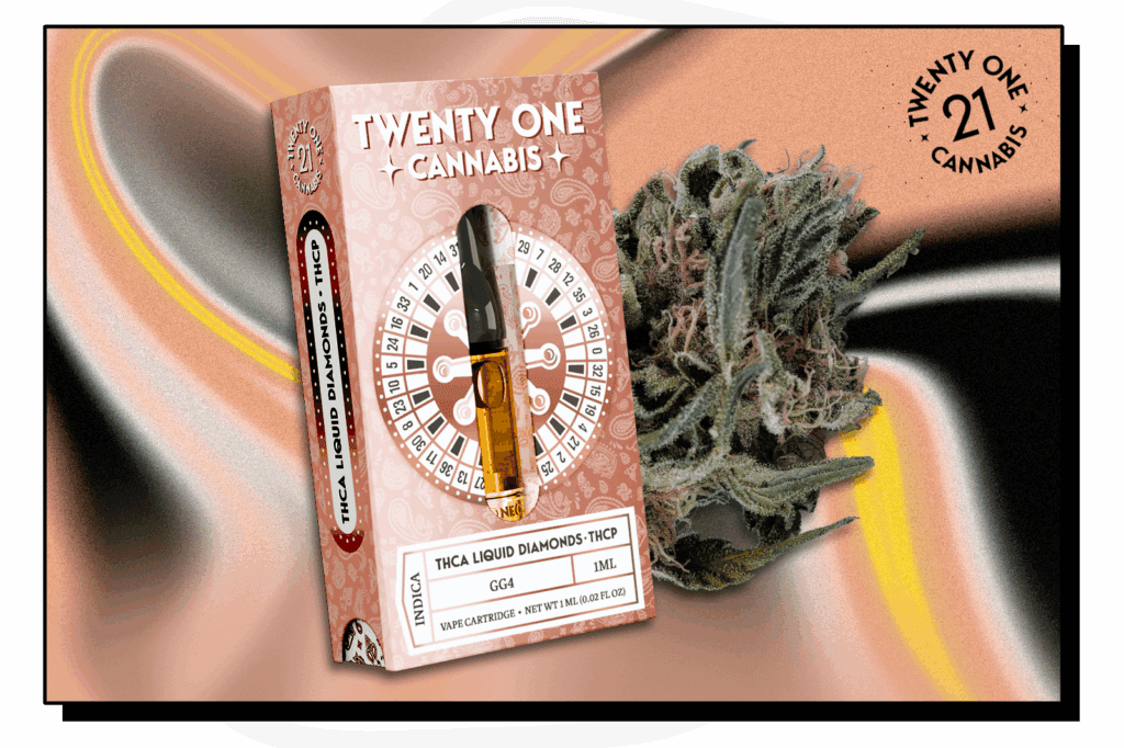 A Twenty One Cannabis THCA Liquid Diamonds vape cartridge placed next to a cannabis bud against a multicolour background