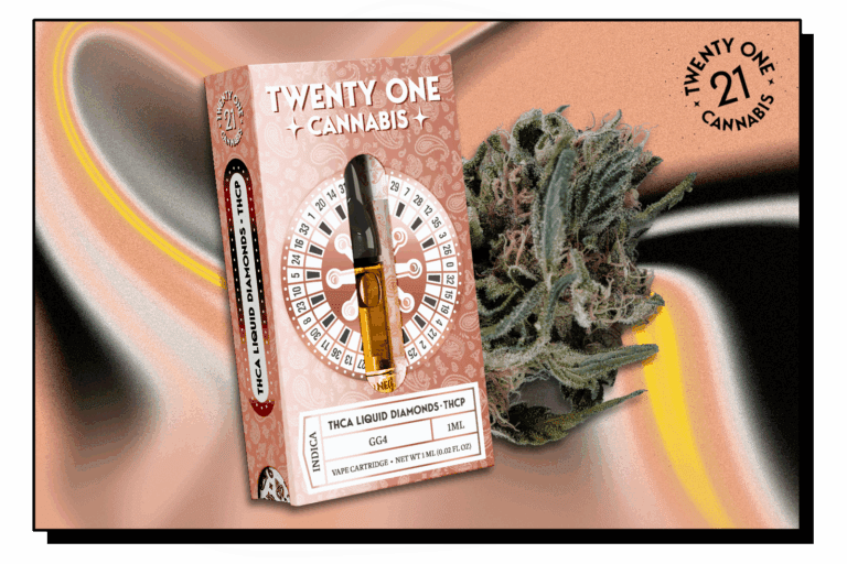 A Twenty One Cannabis THCA Liquid Diamonds vape cartridge placed next to a cannabis bud against a multicolour background
