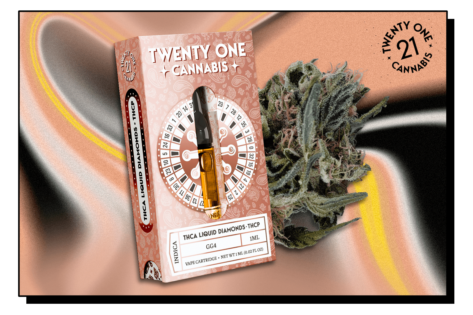 A Twenty One Cannabis THCA Liquid Diamonds vape cartridge placed next to a cannabis bud against a multicolour background