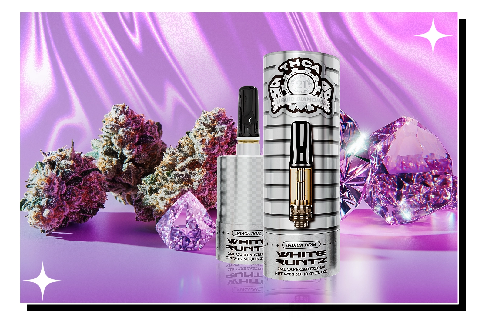 A TwentyOne Cannabis THCA White Runtz vape cartridge placed alongside some purple-colored diamonds and cannabis kush against a purple background