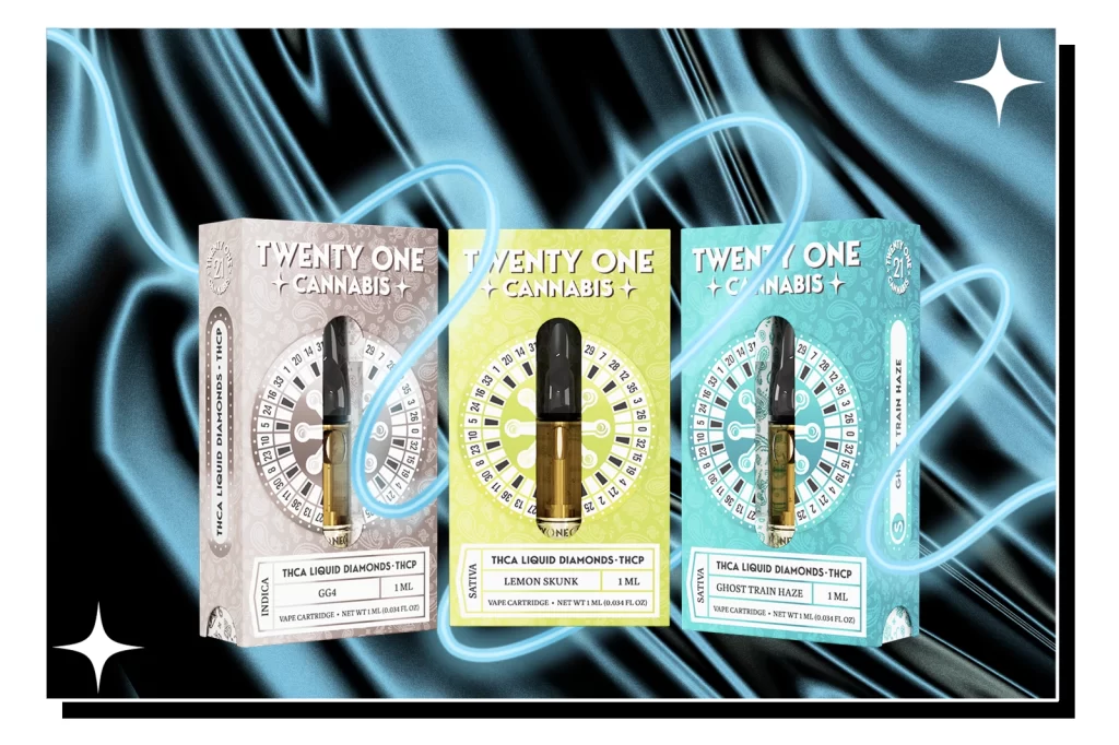 Three THCA Liquid Diamonds-THCP vape cartridges - GG4, Lemon Skunk, and Ghost Train Haze set against a black background