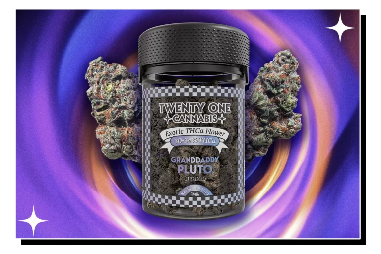 A container of Twenty One Cannabis Exotic THCa flower in the Granddaddy Pluto flavor, set against a purple background with two cannabis strain