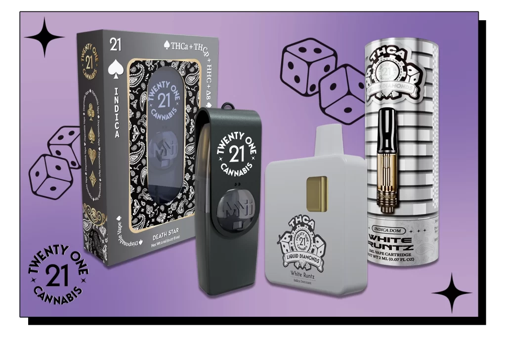 A Twenty One Cannabis Death Star Indica disposable vape device and a THCA White Runtz vape cartridge placed against a purple background